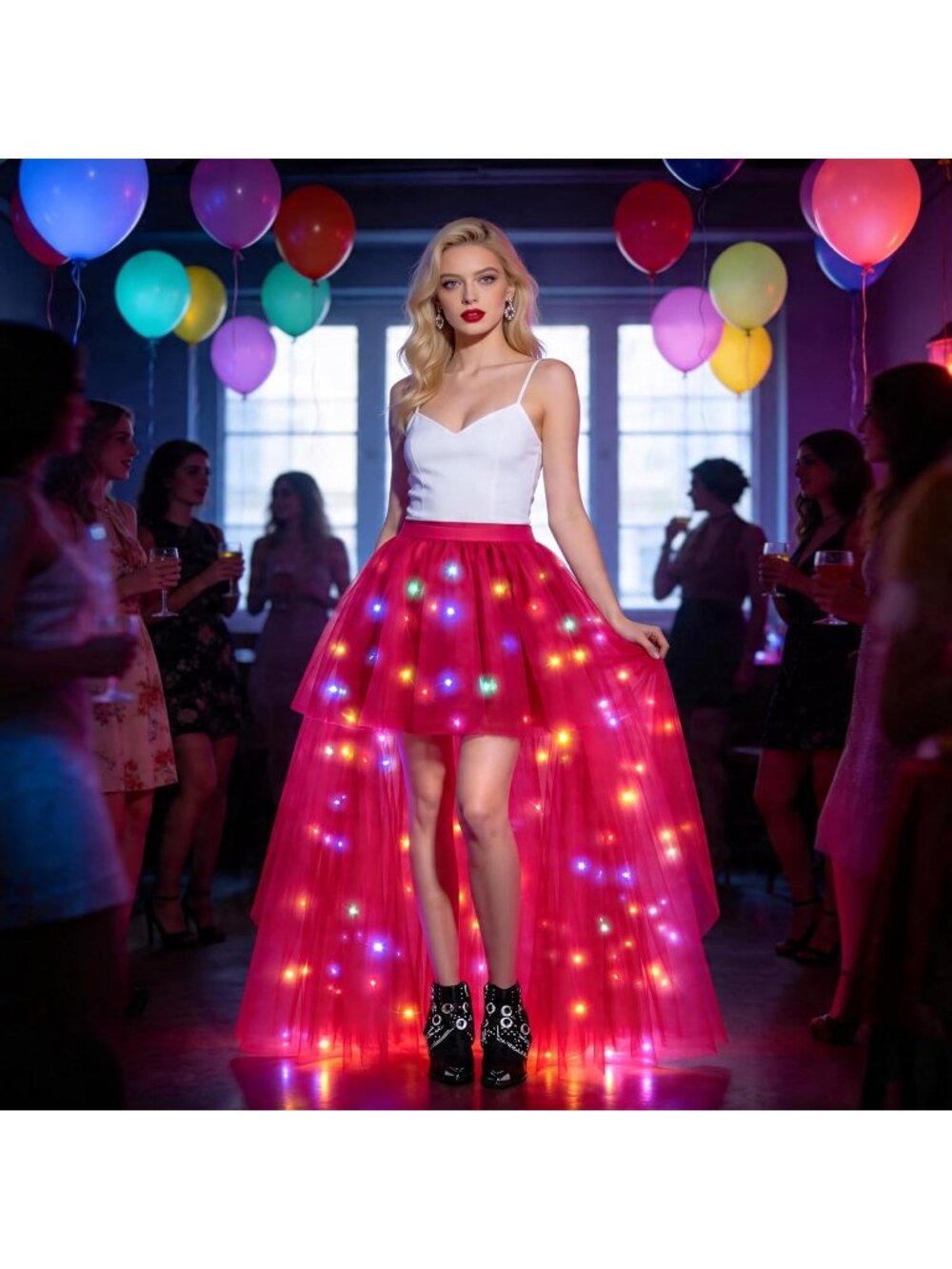 Women LED Light Up Tulle Tutu Skirt High Low Fluffy Sequin Ballet Dress-Rose Red - Picture 3 of 6